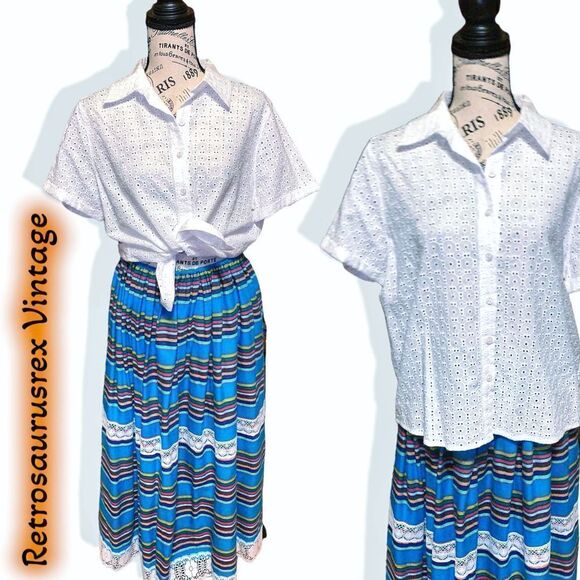 VINTAGE rockabilly white eyelet lace collared button up shirt, 12P large - Picture 1 of 5